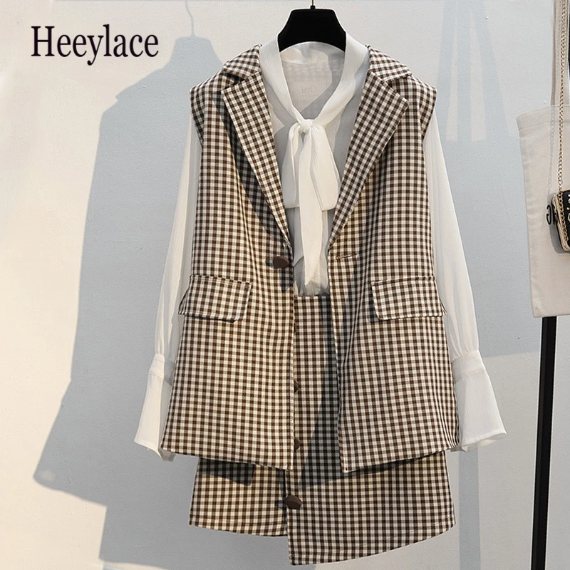 

5XL plus size Autumn Women OL Three Piece Set Bow Flare Sleeve Pockets Tops+Skirt Mini Button Office Lady Plaid Suit 3 Piece Set