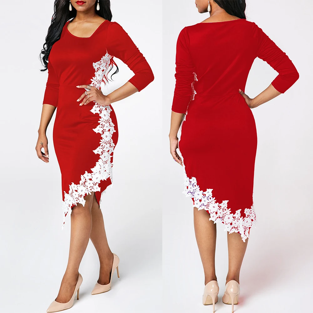 Plus Size Women 3/4 Sleeve Lace Patchwork Irregular Hem Bodycon Pencil Dress