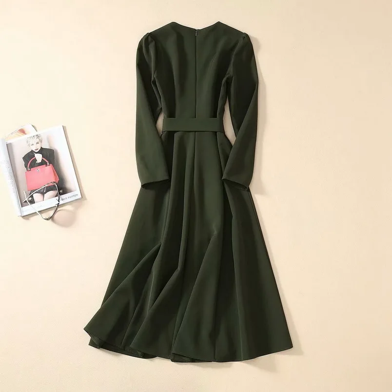 Wholesale Price ExeGs Princess Women's Dress 2020 Spring Fashion Office Lady O Neck Tunic Buttons Up Long Sleeve Mid Calf Length Army Green Dress Wholesale Price ExeGs Princess Women's Dress 2020 Spring Fashion Office Lady O Neck Tunic Buttons Up Long Sleeve Mid Calf Length Army Green Dress