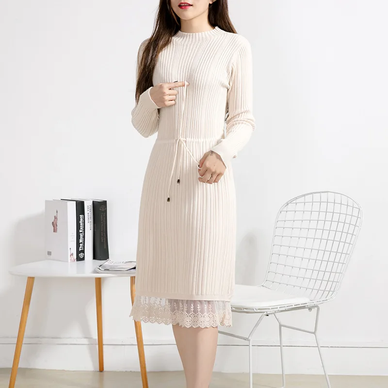 

2019 Autumn New Style Pleated Long Sleeve Korean-style Jersey Dress Slim Fit Mid-length Lace Sweater Dress WOMEN'S Dress