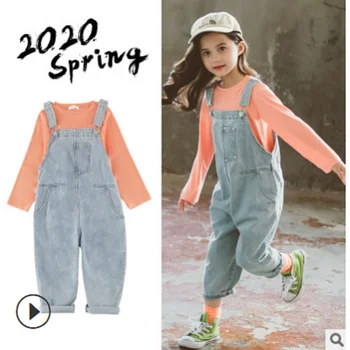 

Girls Overalls Jeans Clothing Set 2020 New Spring/Autumn Children's Kids Clothes Sets Light Blue Color 2 Piece Size4-14 ly396