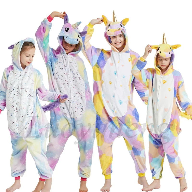 Kigurumi Adults Women Winter Sleepwear Kids Unicorn Panda Pajama Sets Girls Boys Stitch Onesies Licorne Animal Lion Fox Costumes