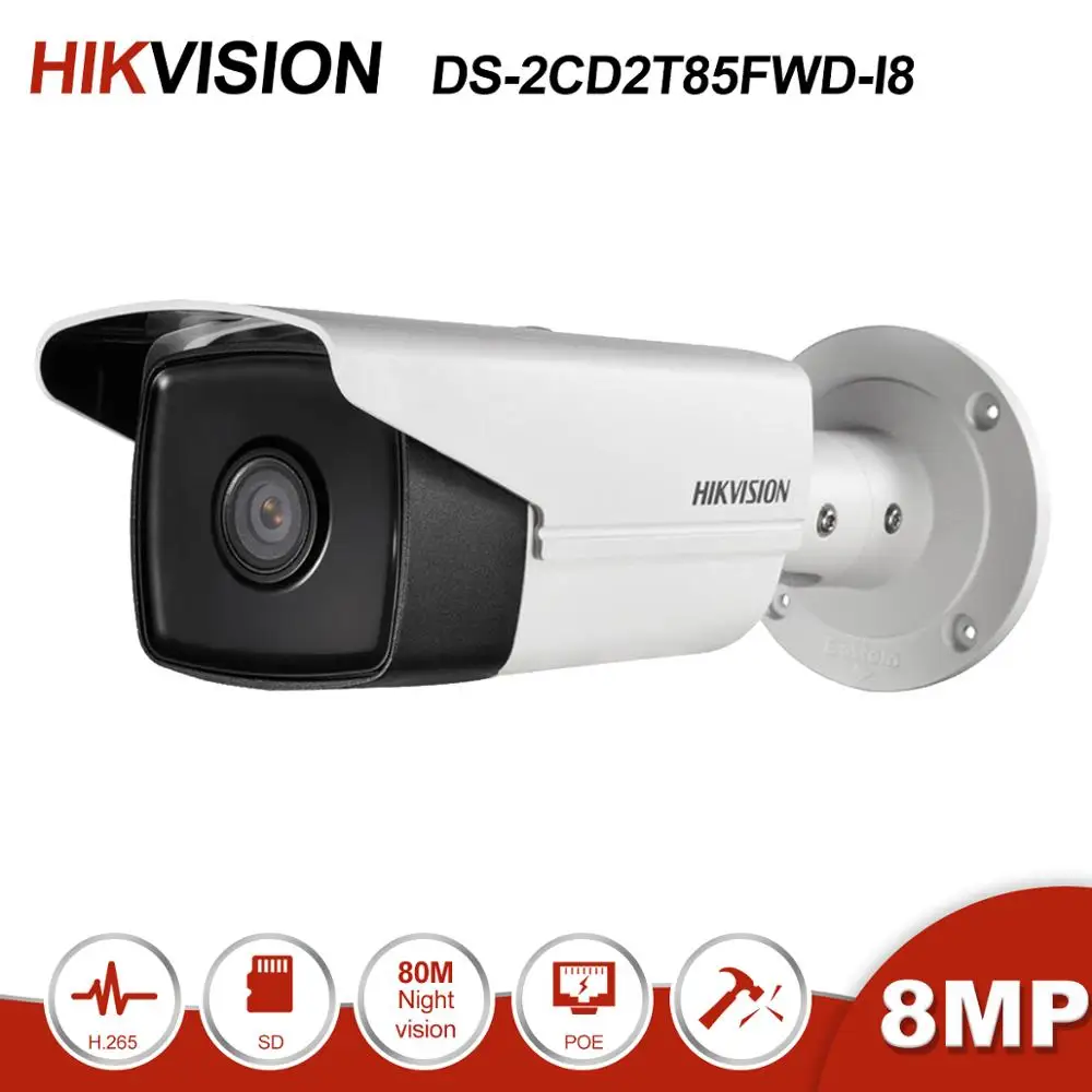 Hikvision DS-2CD2T85FWD-I8 8MP Bullet 2,8/4 мм POE IP камера с 80 м ИК диапазоном H.265 CCTV видеонаблюдение