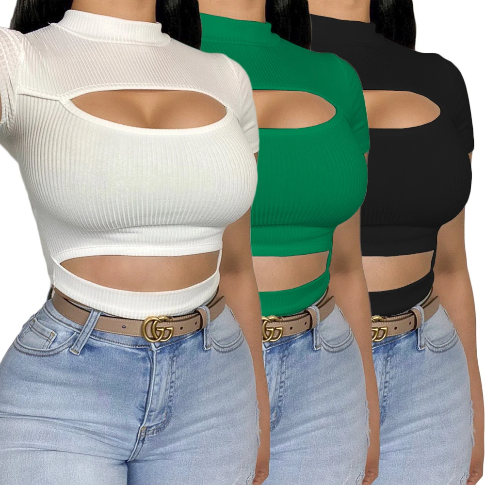 Tops cortos para mujer, camiseta Sexy ahuecada de manga corta con cuello redondo, Tops sólidos coreanos para mujer, Tops informales de punto blanco negro para - AliExpress