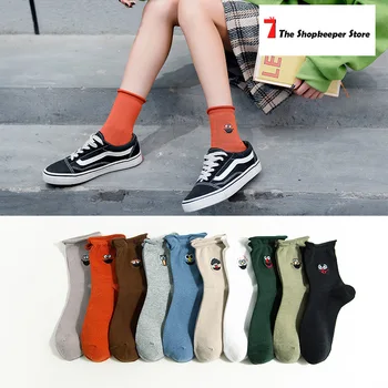 

2020 spring and autumn loose roll edge lady tube cartoon funny expression embroidery socks pile socks