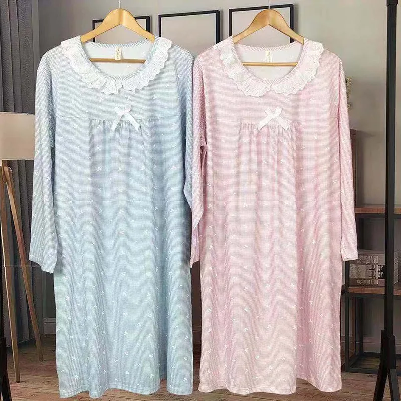 Spring Autumn Casual Plaid Cotton Nightgowns for Women Long Sleeve Loose Night Dress Home Dress Sleepwear Nightdress Nighty