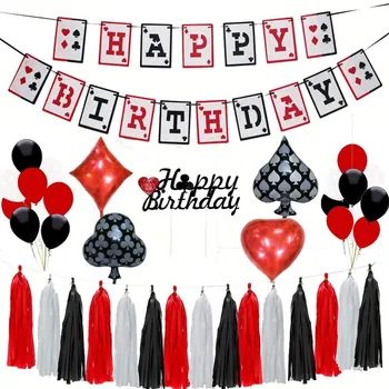 

Casino Poker Theme Party Decoration Hanging Banner Black Red Balloons Cake Toppers Paper Tassels for Magic Show Party Supplies