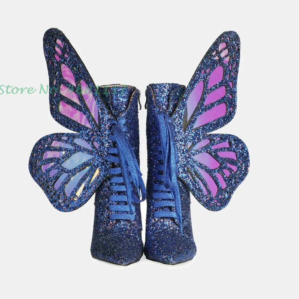 Big Butterfly Angel Wings Stivaletti Incrociati New Chic Paillettes Stivaletti Con Punta A Punta Scarpe Colorate Con Tacco A Spillo Bling