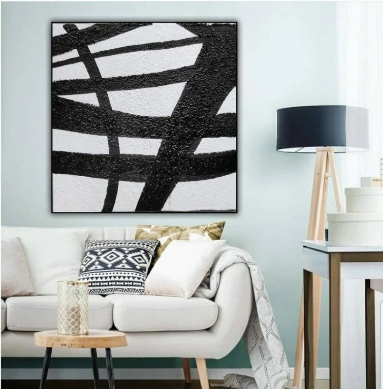 

Geometric Black And White Canvas Art Modern Painting Minimalist Painting Abstract Mid Century Modern Painting Large Wall Art