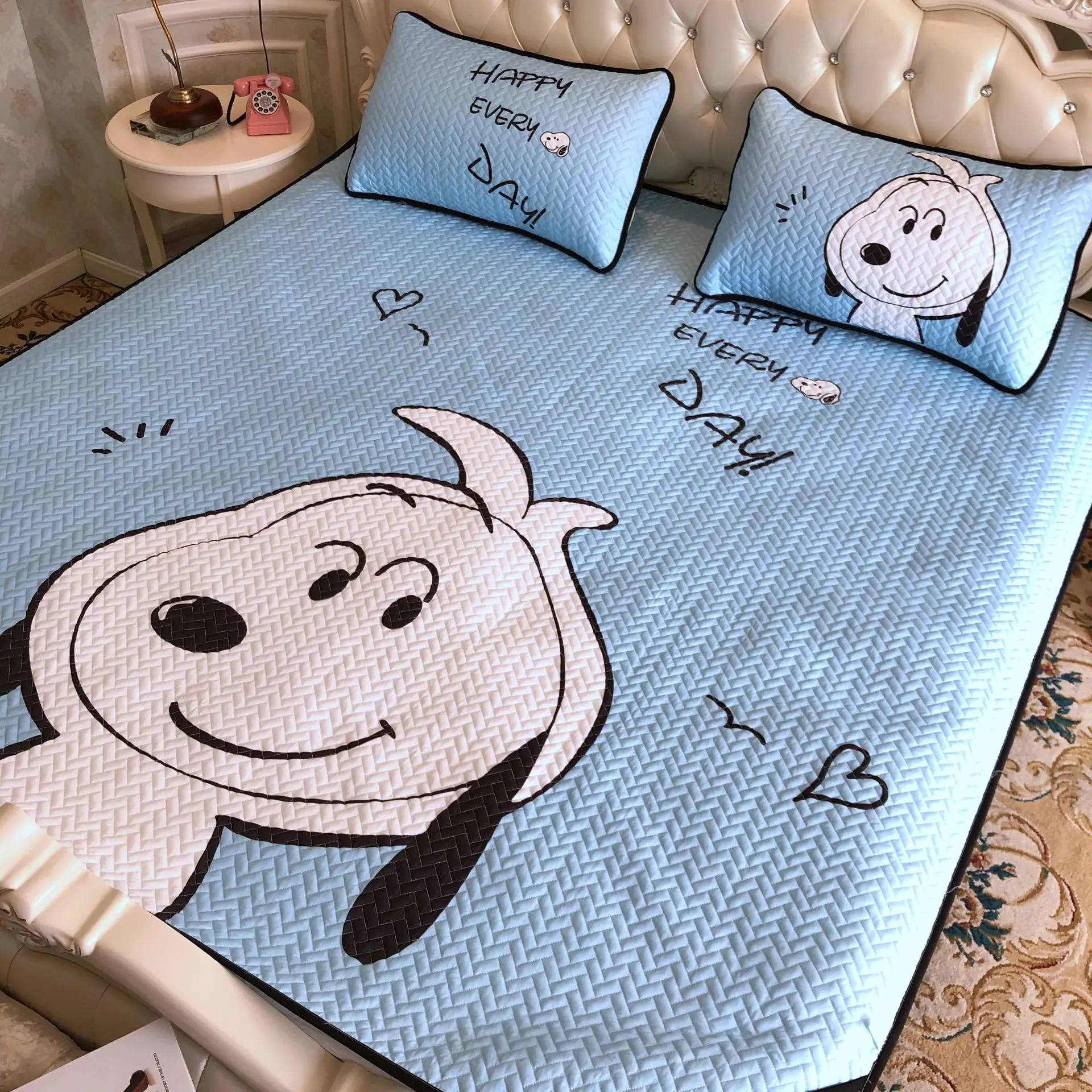 

New Cartoon Pattern Bedding Ice Silk Mat Three-piece Set Soft Breathable Foldable Washable Child Bed Cool Mat Pillowcase
