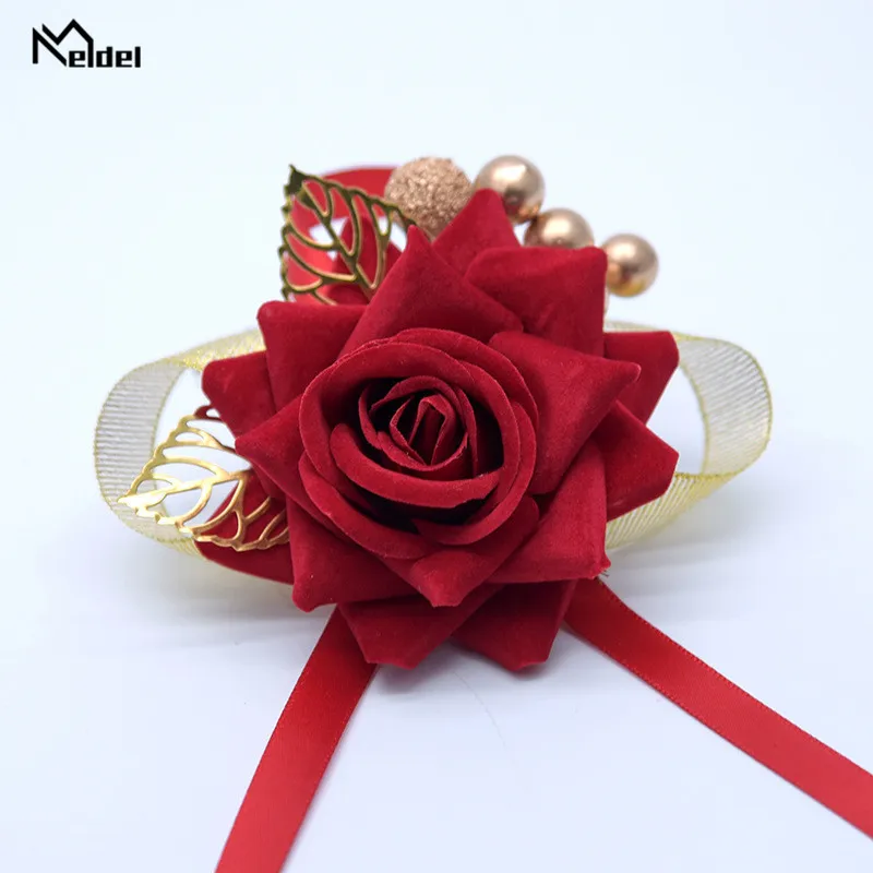 Red Bridesmaids Wrist Corsage Party Fabric Rose Wristband Flower Ribbon Decor Bride Wedding Ornament Bridesmaid Hand Flore |