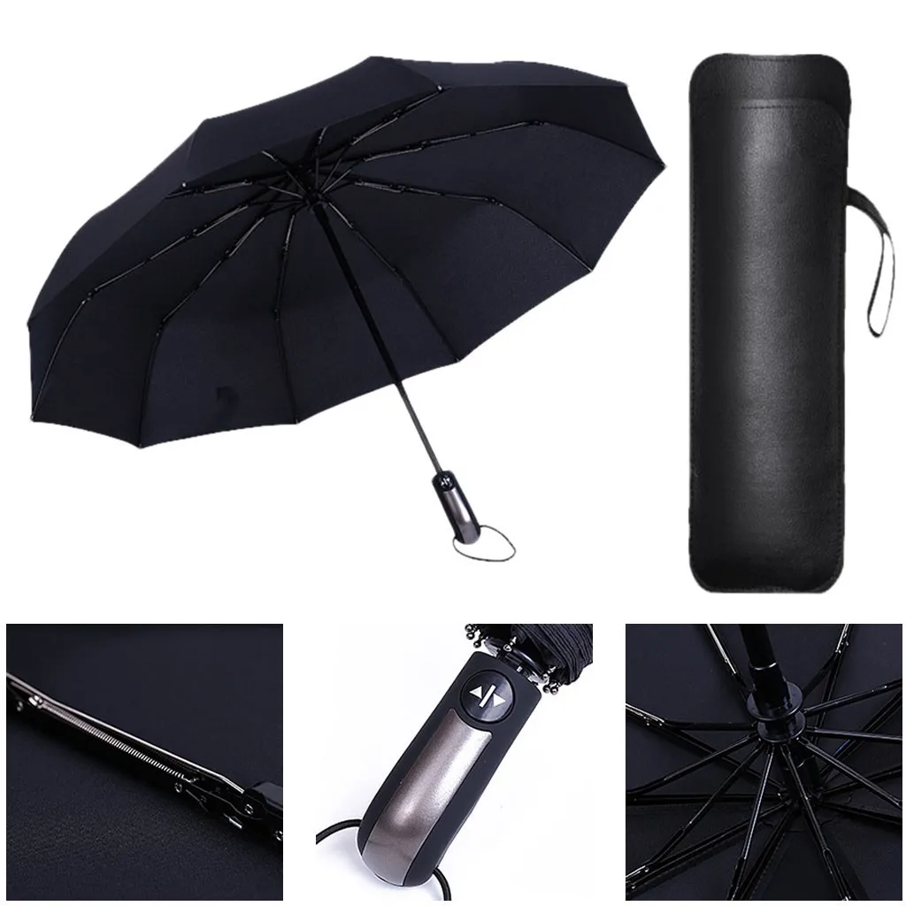 Автоматический складной деловой зонт со светоотражающими полосками, роскошные большие ветрозащитные зонты, защита от солнца и дождя, защита от ультрафиолета - Цвет: Black