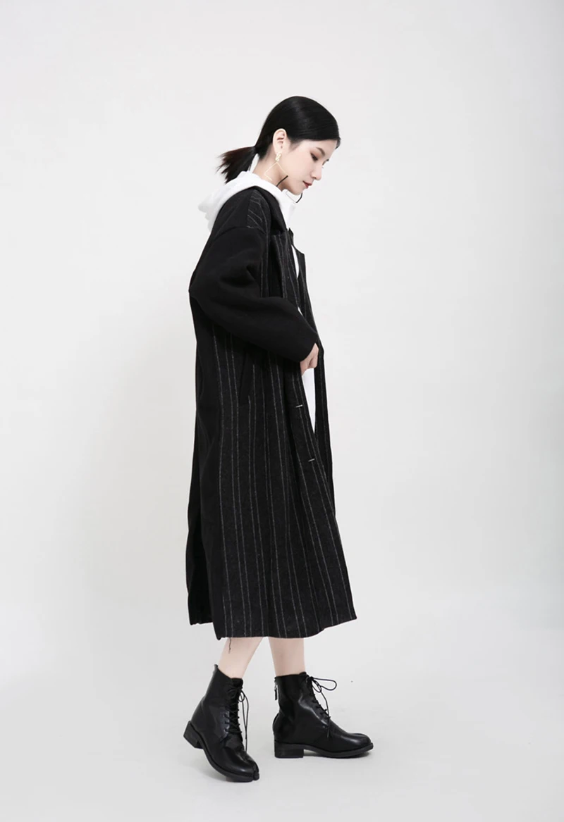 [EAM] женское платье в черную полоску, большие размеры, новинка, с капюшоном, с длинным рукавом, свободный крой, мода, весна-осень, 19A-a174