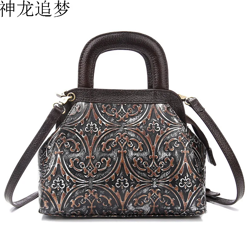 

retro Genuine Leather female handmade bag top layer leather Floral embossed Women handbag casual shoulder bag fashion ladies bag