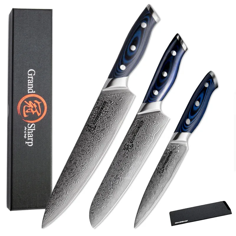 

GRANDSHARP 3Pcs Damascus Kitchen Knife Sets 67 Layers Japanese Damascus Steel vg10 Chef Santoku Utility Kitchen Knives Pro Tools