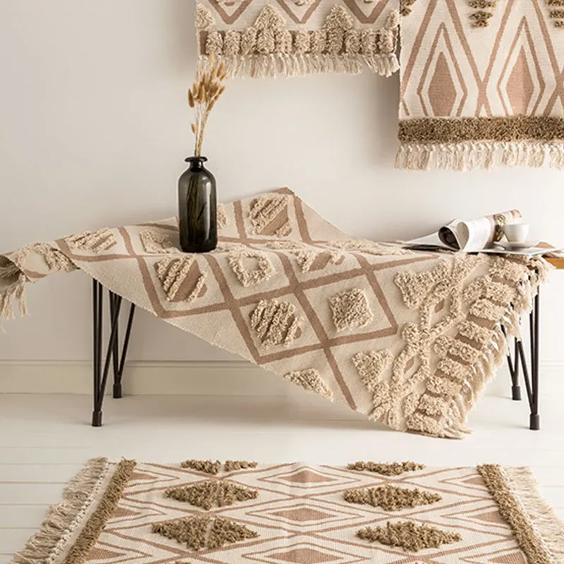 Morocco Cotton Hand Woven Carpet Tufted Tassels Floor Mat Bedroom Tapestry Blanket Living Room Carpet Area Rug Tapete Para Sala