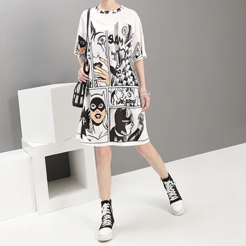 

2020Korean Style Summer Women White Casual Beach Dress Plus Size Cartoon Print Lady Cute Midi Loose Short Dress Robe Femme Z2404