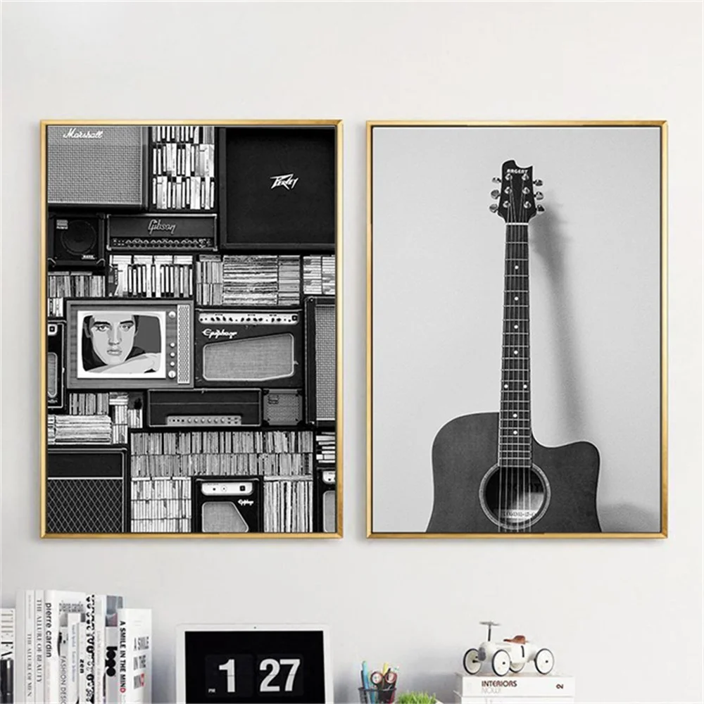 Vintage-Music-Prop-Nordic-Canvas-Painting-Home-Decor-Wall-Art-Retro-Black-White-Guitar-Office-Living