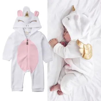 

AA Baby Rompers Unicorn Angel Wings Baby Jumpsuit Long Sleeve Zipper Hooded Romper Casual Newborn Clothing Girls Toddler Outfits