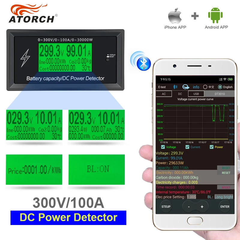 ATORCH DC 300 в а точный счетчик энергии Bluetooth Напряжение Ток Мощность Вольтметр