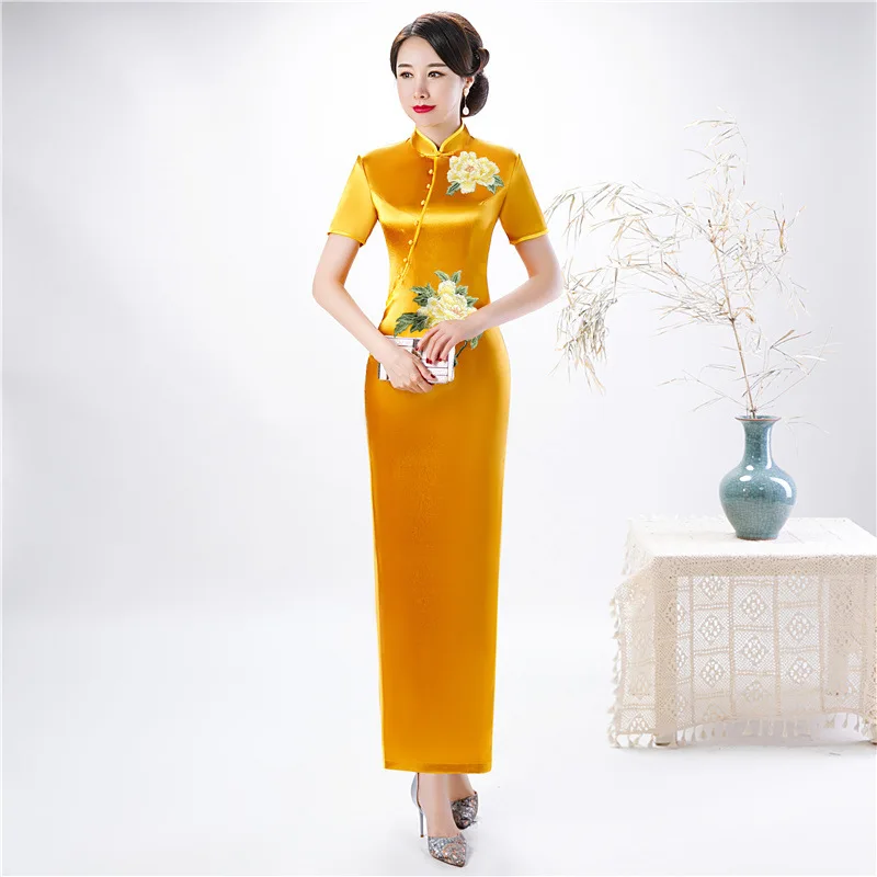 

Luxury Gorgeous Women Long Button Qipao Chinese Traditional Short Sleeve Elegant Cheongsam Slim Evening Party Dress Novelty