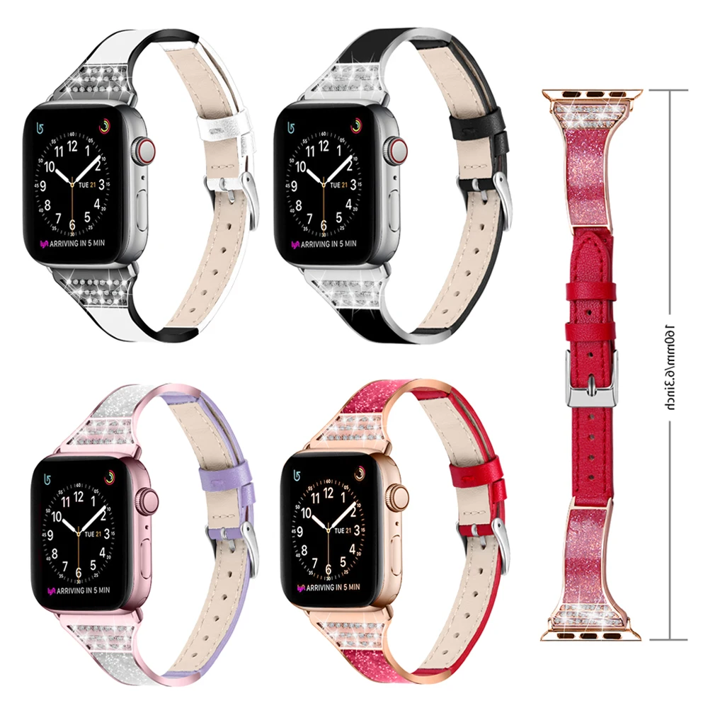 Ремешок Алмазный Кожаный для apple watch band 38 мм 42 iwatch 6 5 4 керамический браслет с