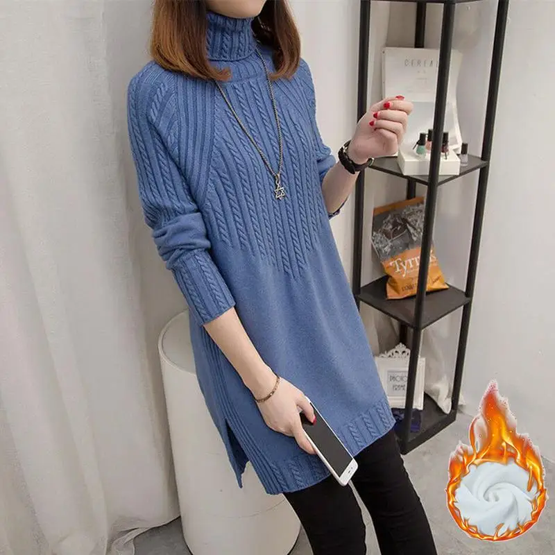 blue plus velvet Женский свитер с высоким воротом, Осень-зима, вельветовый вязаный свитер с длинным рукавом, женские повседневные толстые теплые пуловеры, новые Джемперы H80 - Цвет: blue plus velvet