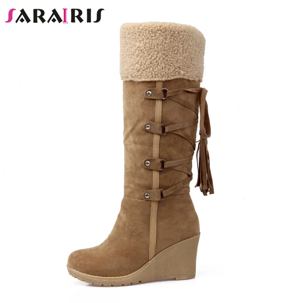 

SARAIRIS Women Knee Boots Ladies Winter Fur Shoes Brand Tassel Knot High Heel Wedge Shoes Platform Warm Snow Boots Size 34-43