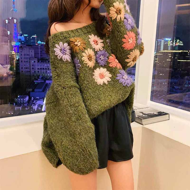  Women Army Green Oversized Sweater Fashion Round Neck Floral Embroidery Lazy Loose Mohair Sweater K