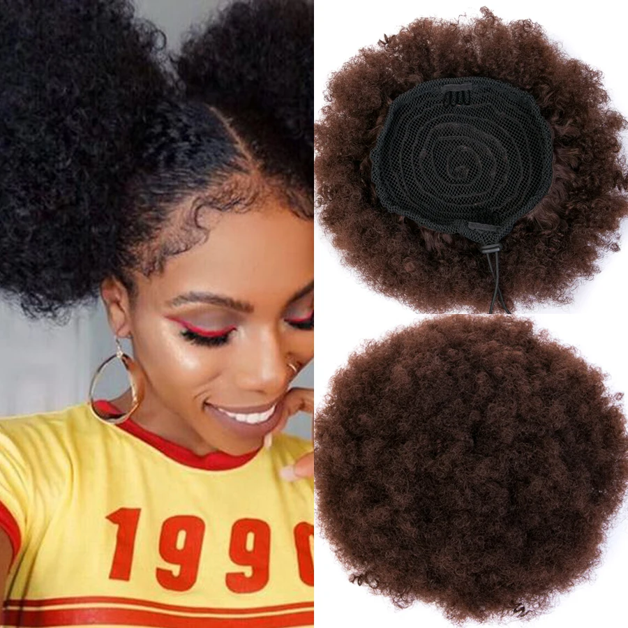 

Synthetic Short Afro Kinky Hair Bun High Temperature Drawstring ponytail Clip in Hair Extension on Puff Hair Bun Black