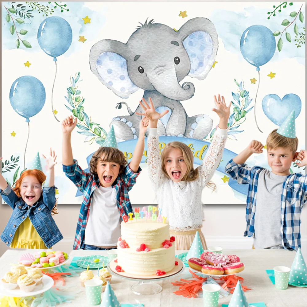 Baby 1st Birthday Elephant Backdrop For Girl Boy Baptism Party Photography Background Cake Smash Table Decor Banner Photo Prop photo backdrop