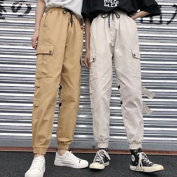 

2020 Spring Autumn Cargo Pants Fashion Korean Women loose Multi-pocket Casual Pants Student Cotton Solid Elastic waist Trousers