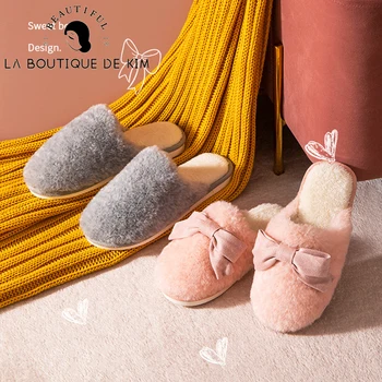 

Women Winter Slippers Fur Slippers Warm Plush Couples Flat Shoes House Butterfly-knot Ladies Furry Slippers