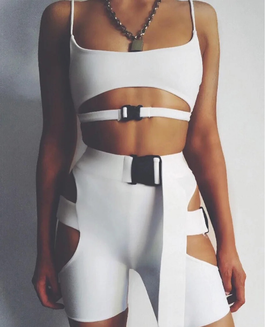 

Womens Bodycon Neon Green Buckles Crop Tops Cut Out Pants Sports Jogging Tracksuit Set Sexy Club Two Pieces Outfits