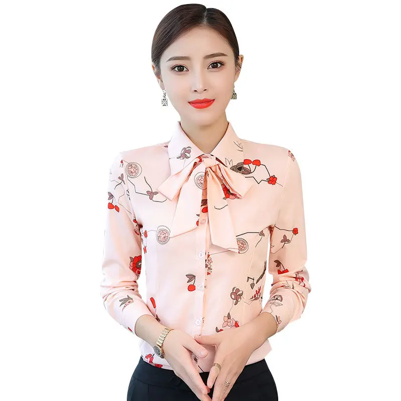 

2019 Spring Autumn Shirts Women Chiffon Work Blouse Casual Long Sleeve Turn-Down Button Bow Sweet Slim Print Shirts fashion Tops