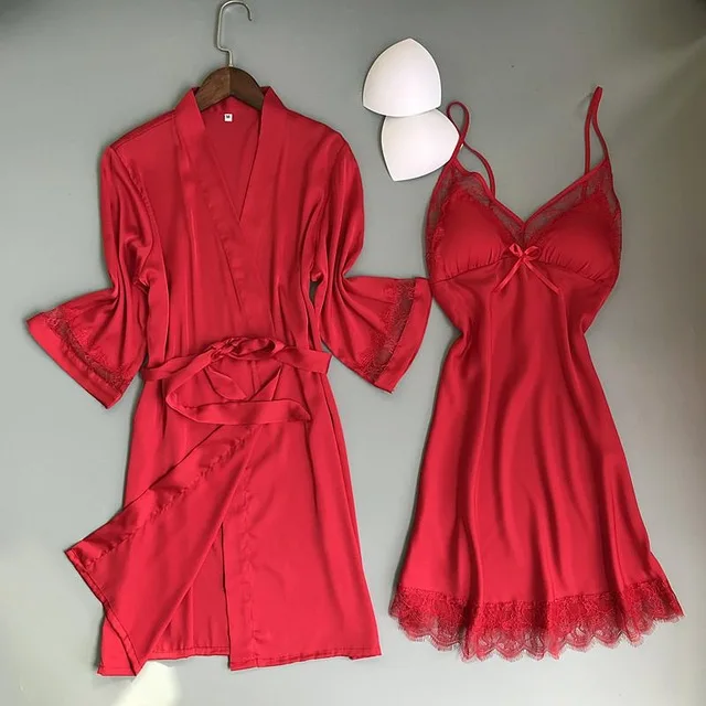 Red set Сексуальное женское кимоно из вискозы, белый халат для невесты, невесты, подружки невесты, Свадебный халат, комплект, кружевная отделка, одежда для сна, Повседневная Домашняя одежда, ночное белье - Цвет: Red set