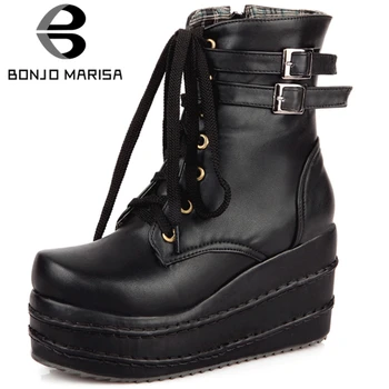 

BONJOMARISA Classic Fashion High Wedges Street Style Platform Ankle Boots Women lace-up High Heels Cool Shoes Woman