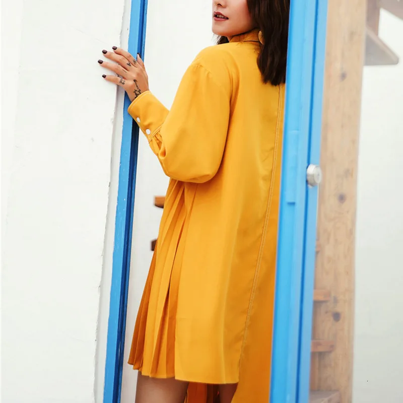 LANMREM Solid Color Lapel Long Sleeve Stitching Pleats Irregular Woman Dress Sweet Casual Simple Fashion Spring New TV539