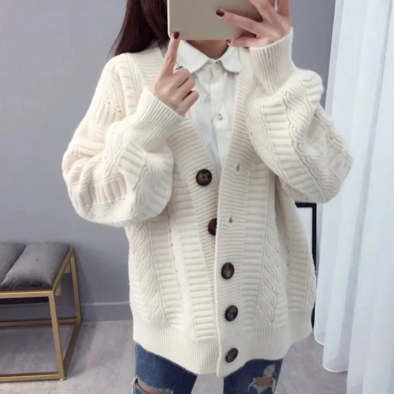 Для женщин свитер Harajuku толстый вязаный кардиган свободный однобортный однотонный Цвет Трикотажный кардиган свитер пальто Новые - Цвет: W