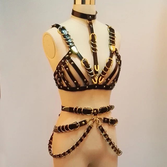 Black Faux Leather And Gold Chain Bra Harness