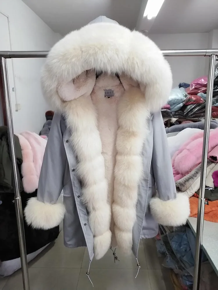 27 faux fur liner Зимняя куртка женская новая длинная парка Настоящее пальто с мехом большой енотовый меховой воротник из лисьего меха; парки с капюшоном; плотная верхняя одежда уличный стиль - Цвет: 27 faux fur liner
