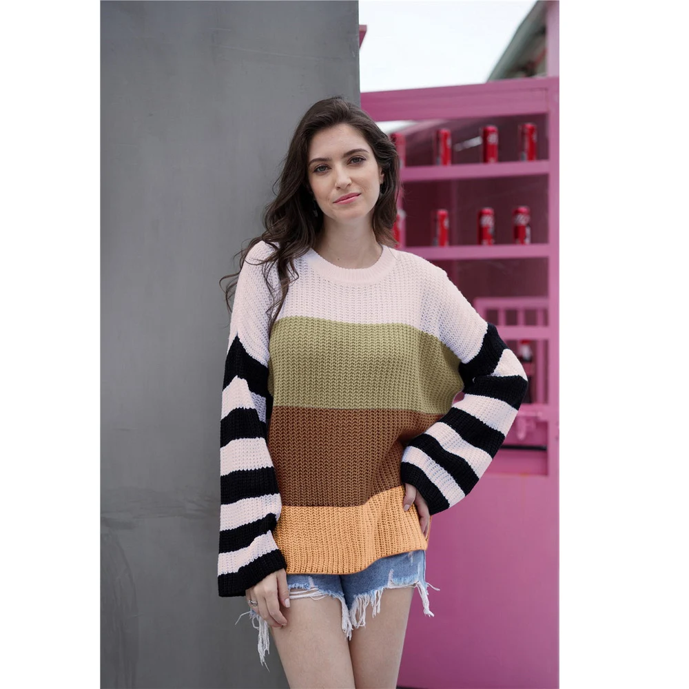 

Loozykit Women's Autumn And Winter Sweater Loose Top Sweater Sweater Sweater Winter Color Patchwork Round Neck Sweater