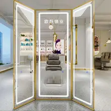 

Barber shop mirror net celebrity beauty salon mirror LED floor mirror with lamp special single-sided hair cutting mirror for hai