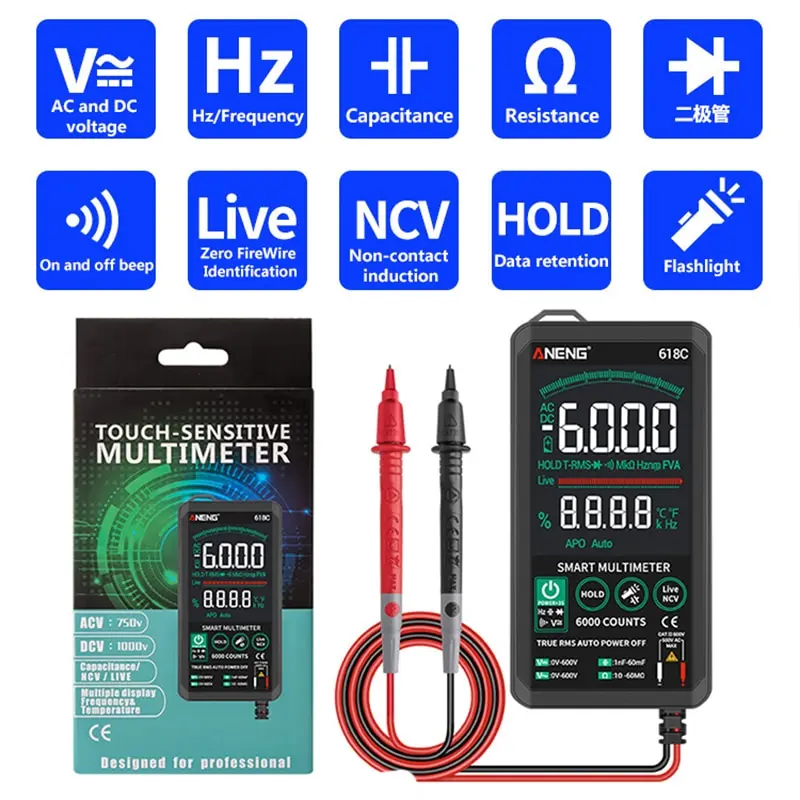 

Digital Multimeter Touching Color Screen Voltage Frequency Capacitance Resistance Meter Automatic Ultra-thin Digital Multimeter