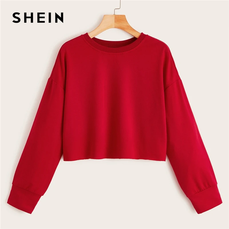 SHEIN Drop Shoulder Raw Hem Crop Sweatshirt Solid Pullover Women Summer Autumn Long Sleeve Round Neck Basic Casual Sweatshirts