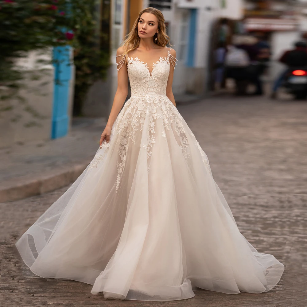 

2020 A Line Wedding Dresses Charming Spaghetti Straps V Neck Tulle Applique Open Back Vestido De Noiva Bridal Gown