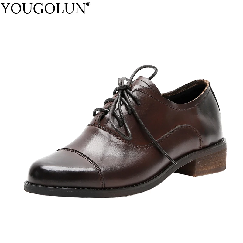 

Women Cow Leather Shoe Pointed Toe Shallow New Arrived Elegant Ladies C249 Fashion Woman Black Brown Low Heel Lace Up Shoes