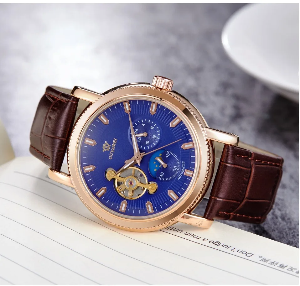 

Luxury Gold Automatic Mechanical Men'S Wristwatch Moon phase Fashion Tourbillon Waterproof Self winding man Watch bracelet clock