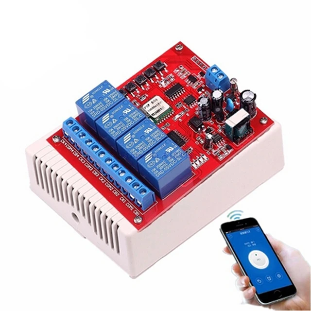 

A7-- 220V 4 Channel Wifi Relay Switch Module Phone APP Wireless Remote Control Jog Self-Lock Interlock w/Shell Android Phones