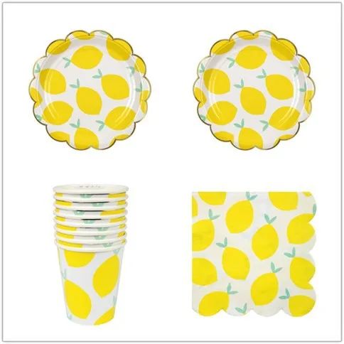 

Diposable Tableware Sets New Fruit Paper Plates Cups Napkins Table Centerpieces Lemon Pattern Event Party Supplies Table Set